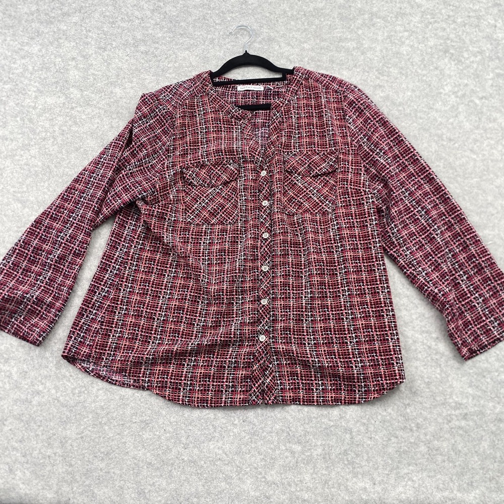 Notations Blouse Womens L Red Plaid Print Button Front Long Sleeve Stretch Top